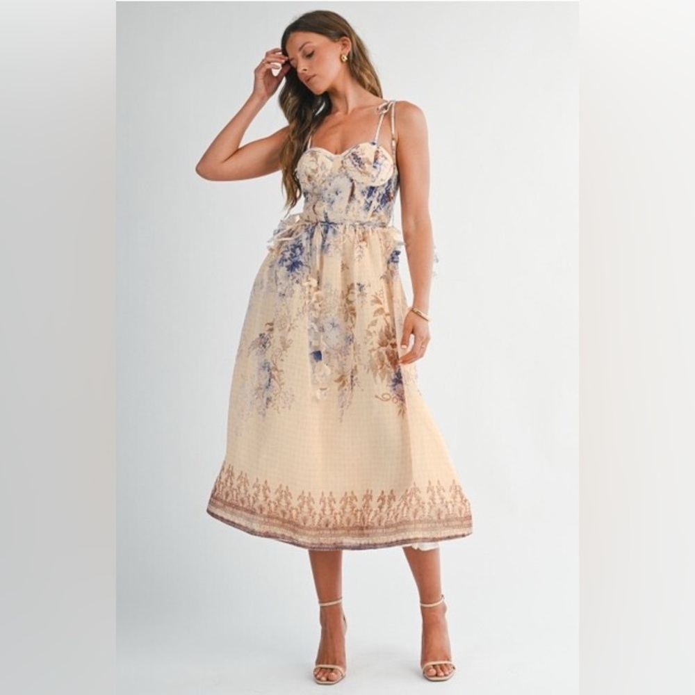 Floral Tie-Shoulder Sweetheart Midi Dress - EB Luxe
